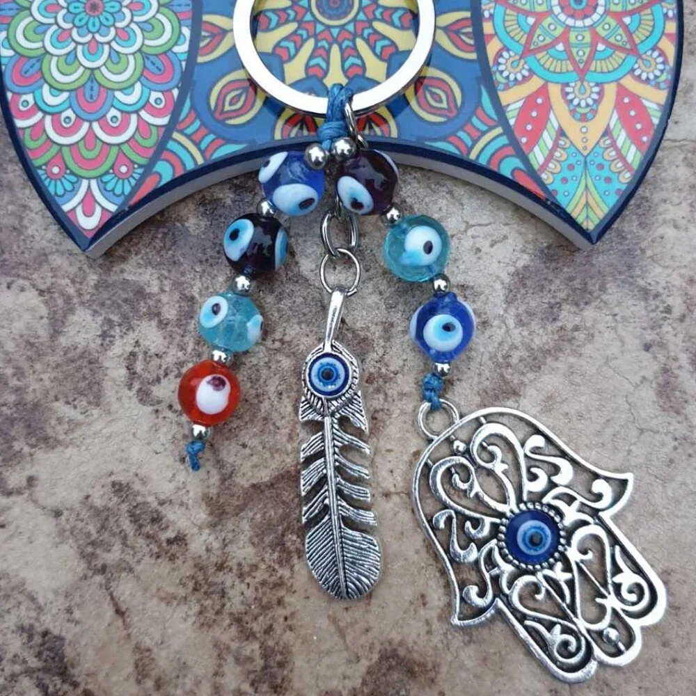 Hamsa Multi Color Feather Key Chain Key Ring Women Bag Purse Charm Accessory